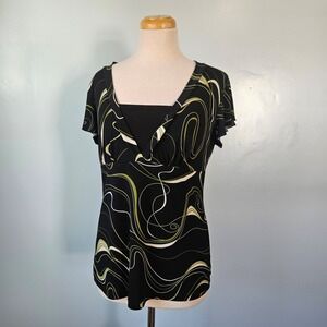 JKLA California Y2K 2000s Black Green Abstract Swirl Empire Waist Top USA Large